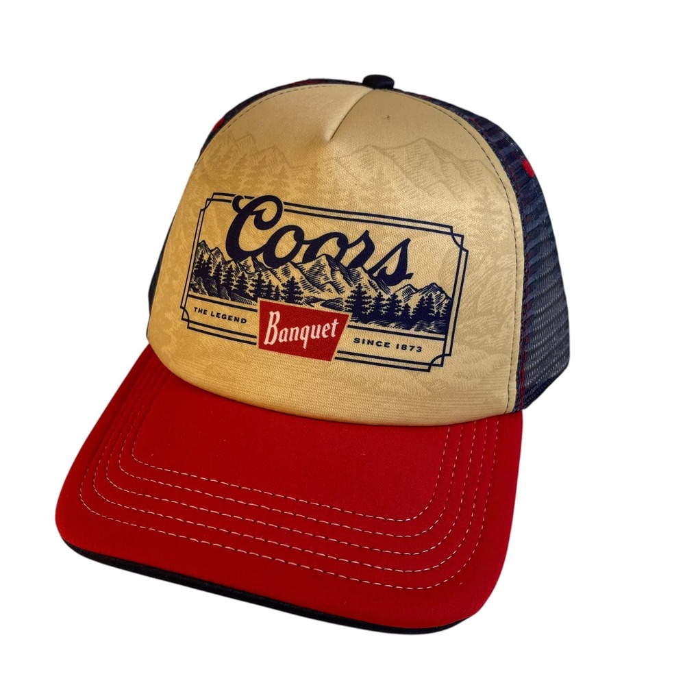 Coors Banquet Beer Trucker Hat H3 Headwear Red Navy Blue Mesh Snapback Cap